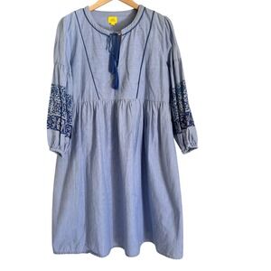 Roller Rabbit Blue Striped Cotton Embroidered Tassel Boho Tunic Dress Womens M